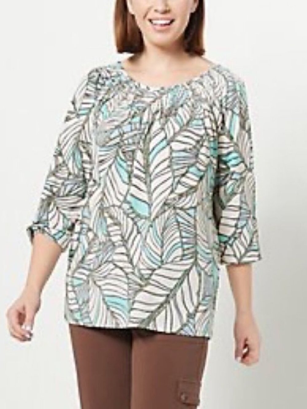 Susan Graver Liquid Knit 3/4 Slv Smocked-Neck Top